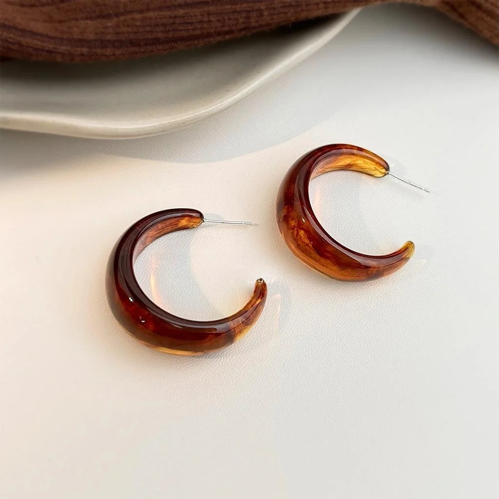 Maillard Style Amber Resin Large Round Hoop Earrings For Women