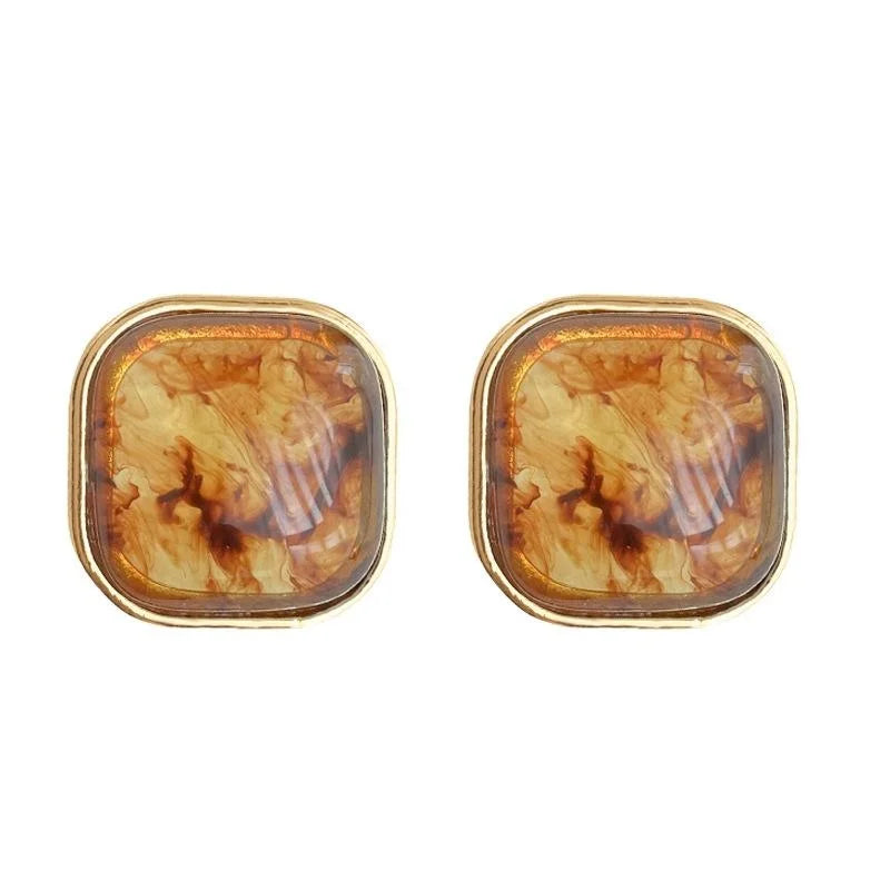 Vintage Maillard Style Amber Resin Square Stud Earrings 14K Gold Plated Copper