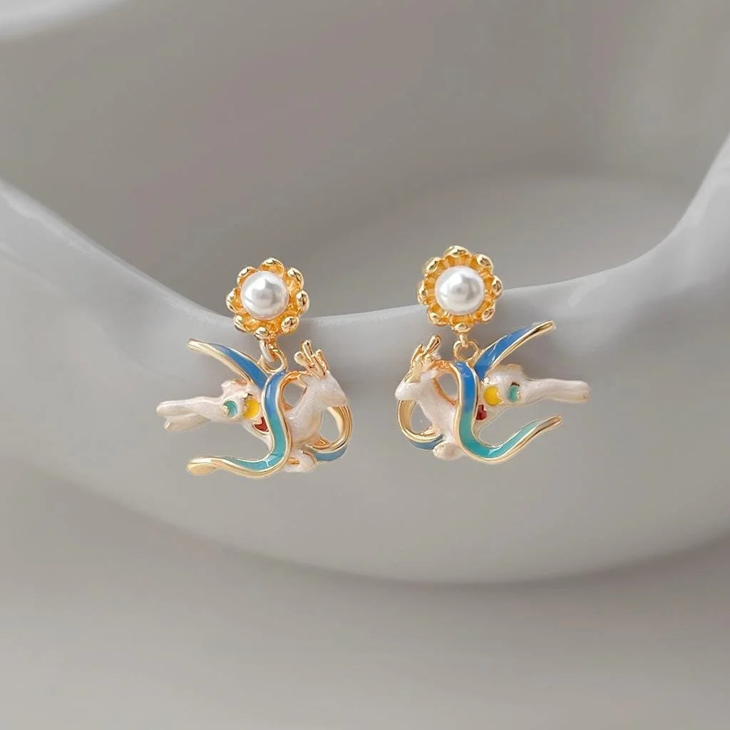 Dunhuang Style Hand Painted Enamel Copper Deer Drop Earrings With Pearl