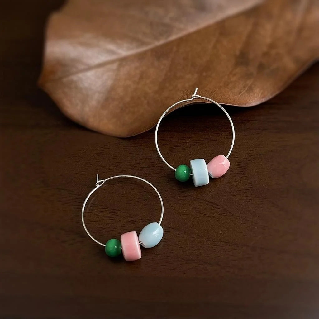 Ethnic Style Handmade Glazed Ceramic Geometric Round Square Drop Earrings for Women