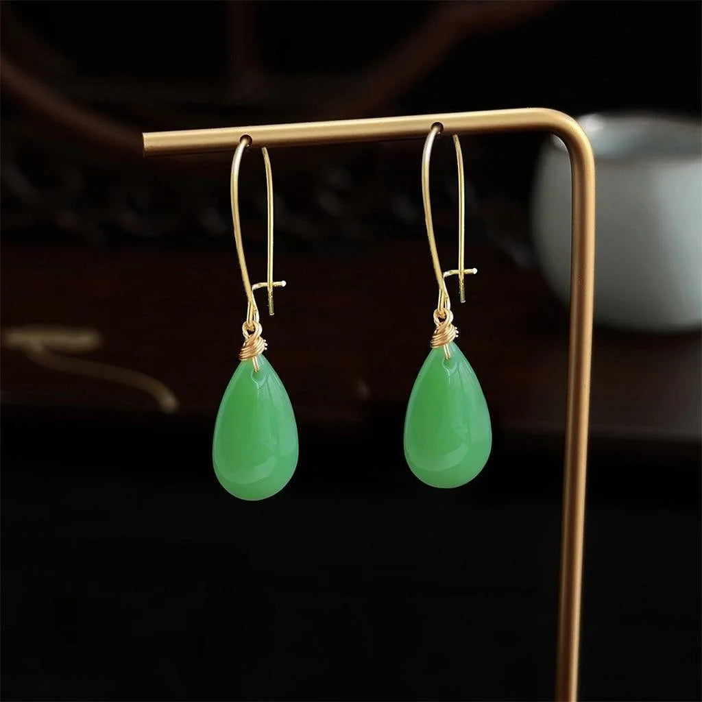 Handmade Green Glass Teardrop Drop Earrings Vintage Palace New Chinese Style Jewelry