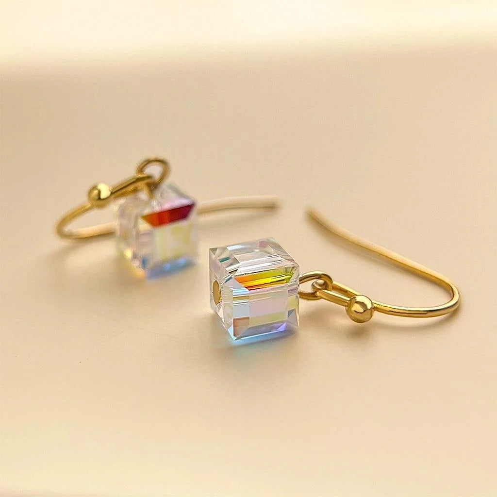Sparkling Glass Crystal Geometric Square Drop Earrings, Minimalist Luxury Statement Jewelry