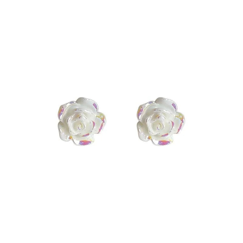 Mini Iridescent Resin Rose Flower Stud Earrings Korean Fairy Style