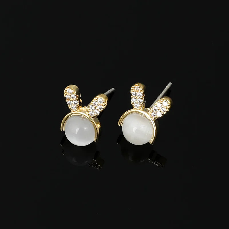 Cute Rabbit Bunny Cat Eye Stone Rhinestone Alloy Elegant Stud & Clip On No Piercing Earrings