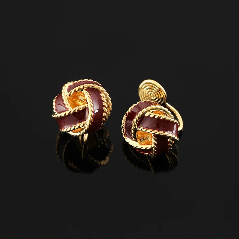 Vintage Red Enamel Concentric Knot Alloy Stud & Clip On No Piercing Luxury Holiday Earrings