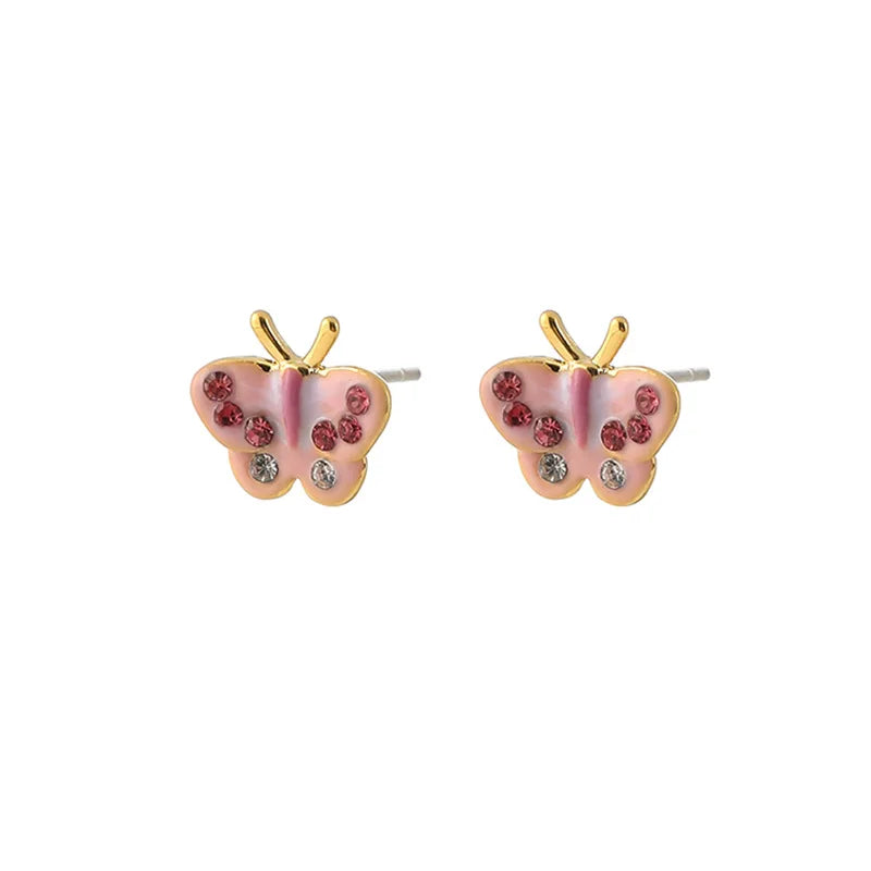 Sweet Pink Enamel Butterfly Rhinestone Spiral Disc Stud & Clip On No Piercing Earrings