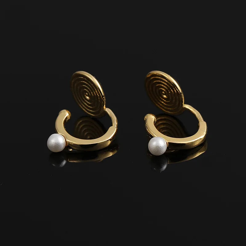 Elegant Gold Alloy Spiral Hoop Pearl Stud & Clip On No Piercing Ear Cuff Korean Style Earrings