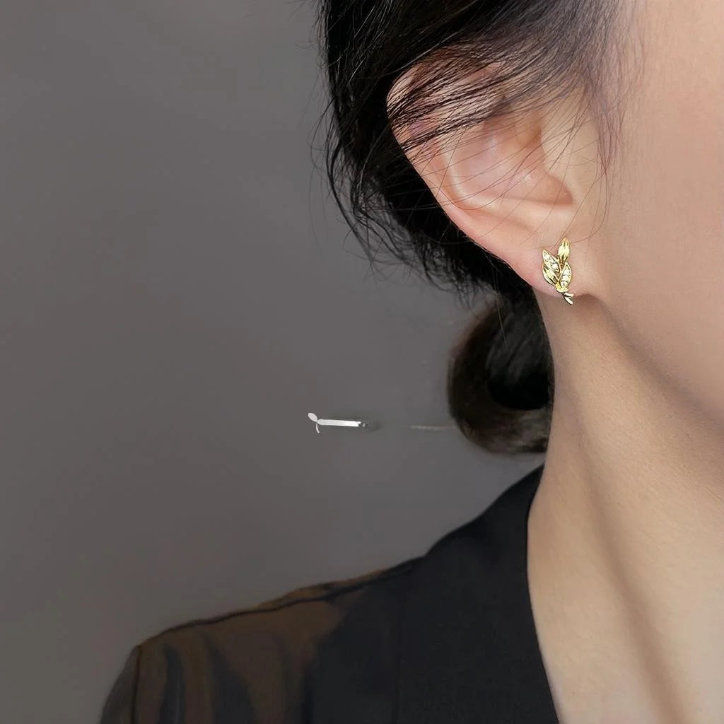 Simple Copper Zircon Wheat Ear Leaf Stud Earrings, Micro Pave Dainty Gift Jewelry