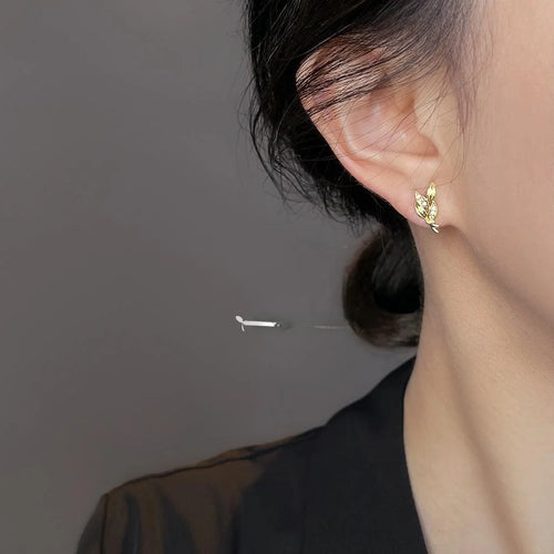 Simple Copper Zircon Wheat Ear Leaf Stud Earrings, Micro Pave Dainty Gift Jewelry