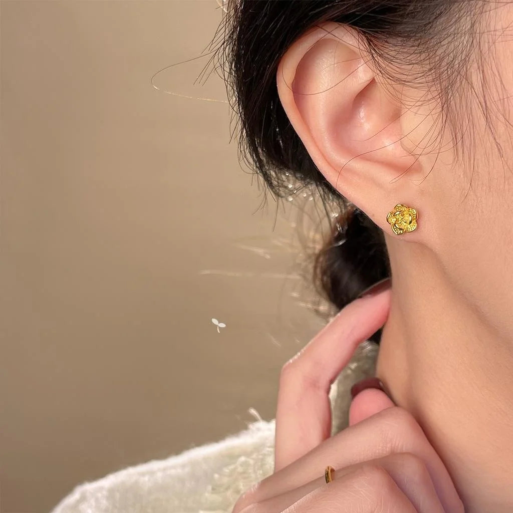 14K Gold Plated Copper 3D Rose Flower Stud Earrings Sweet Minimalist Daily Wear Jewelry