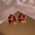 Vintage Red Woven Enamel Copper Triangle Geometric Stud Earrings Minimalist Elegant Jewelry