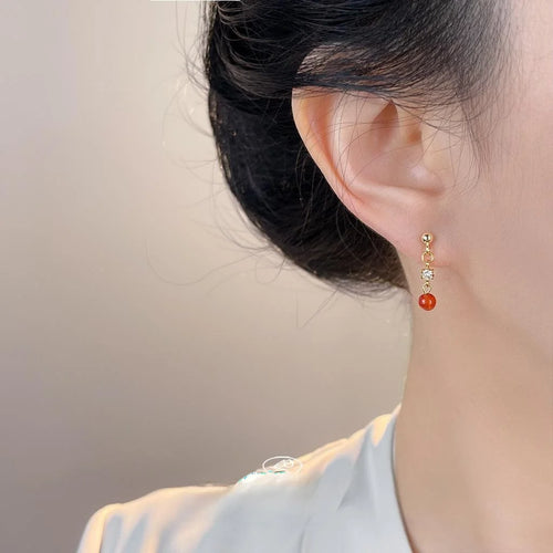 Mini Red Agate Zircon Tassel Drop Earrings, Geometric Copper Light Luxury Jewelry