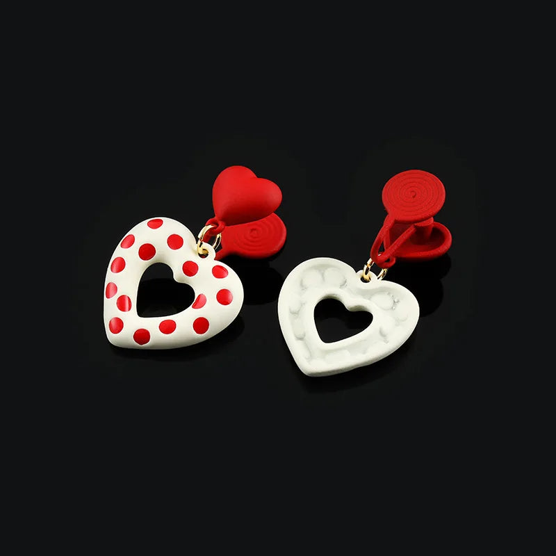 Vintage Red Polka Dot Heart Enamel Alloy Stud & Clip On No Piercing Sweet Dangle Earrings