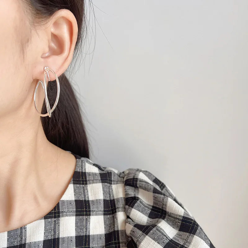Elegant Silver Alloy Crossed Double Hoop Stud & Clip On No Piercing Spiral Circle Ear Cuff Earrings
