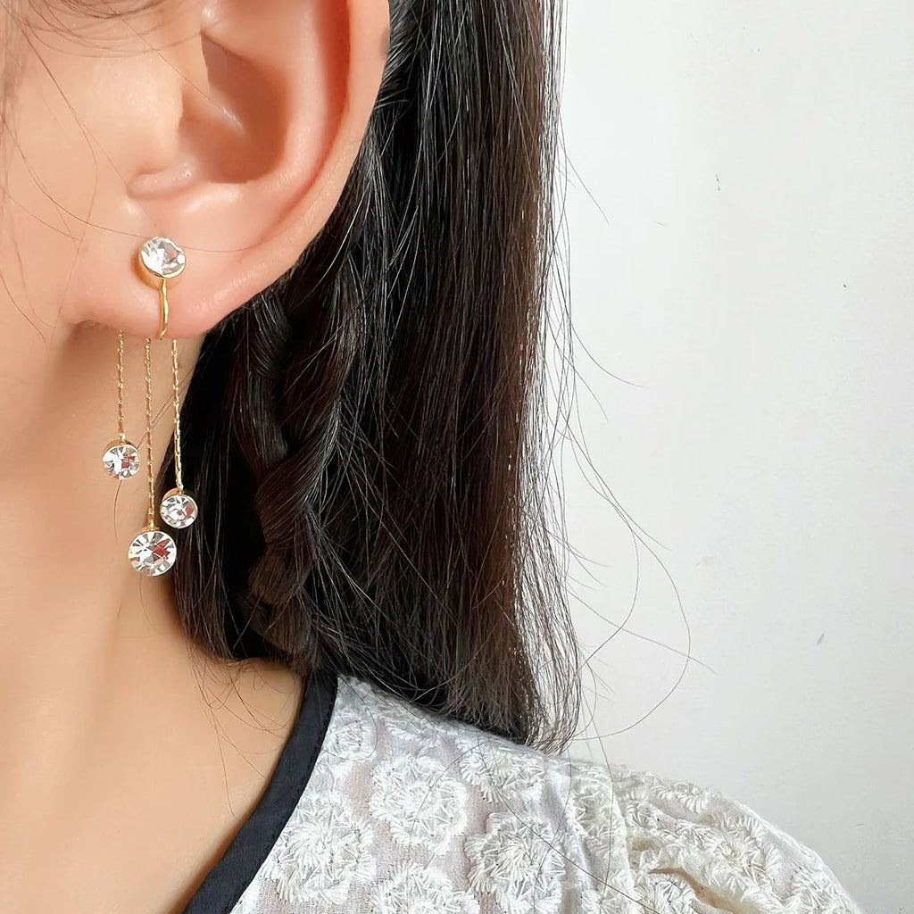 Elegant Rhinestone Spiral Alloy Chain Tassel Stud & Clip On No Piercing Back Hanging Earrings