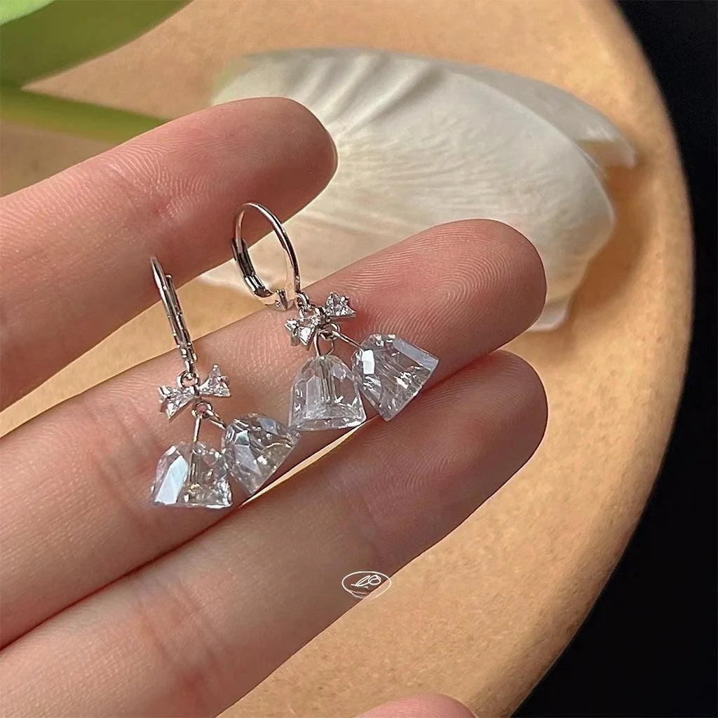 Premium Glass Crystal Bow Bell Drop Earrings With Micro Pave Zircon Irregular Handmade Design
