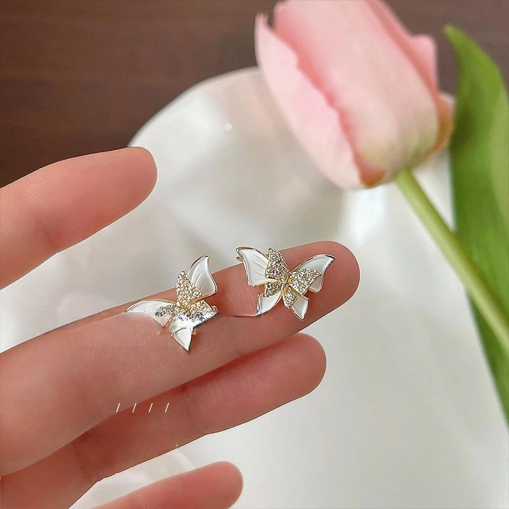 14K Gold Plated Copper Butterfly Stud Earrings With Micro Pave Zircon Forest Fairy Style
