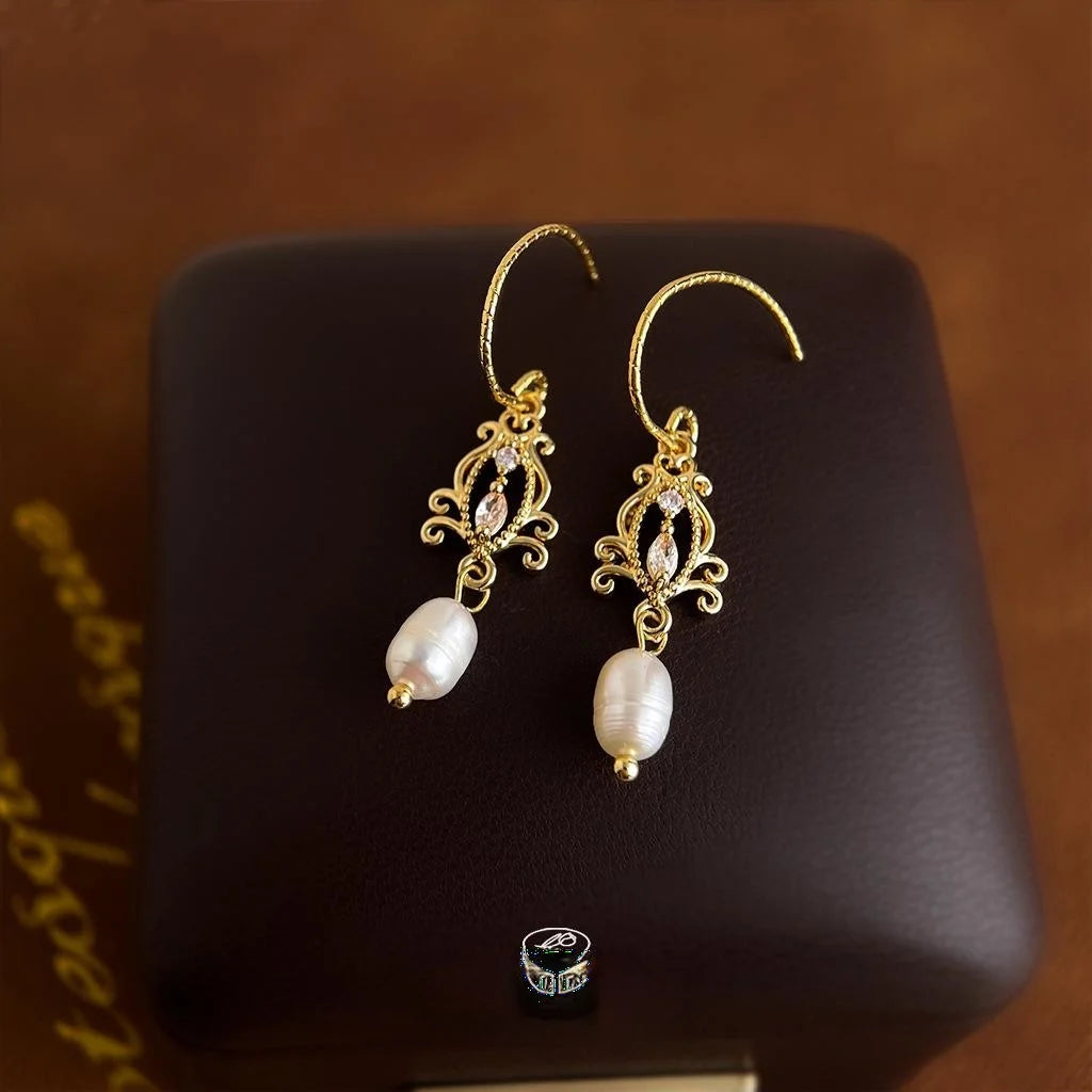 French Vintage Court Style Copper Freshwater Pearl Zircon Hollow Tassel Drop Earrings