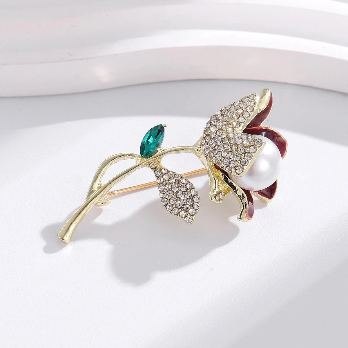 Elegant Tulip Flower Brooch With Pearl, Red Enamel And Rhinestone Petals, Luxury Lapel Pin Corsage Gift