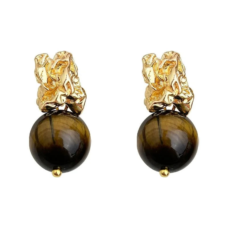 Vintage Maillard Tiger Eye Natural Stone Geometric Round Drop Earrings With Fluid Irregular Design