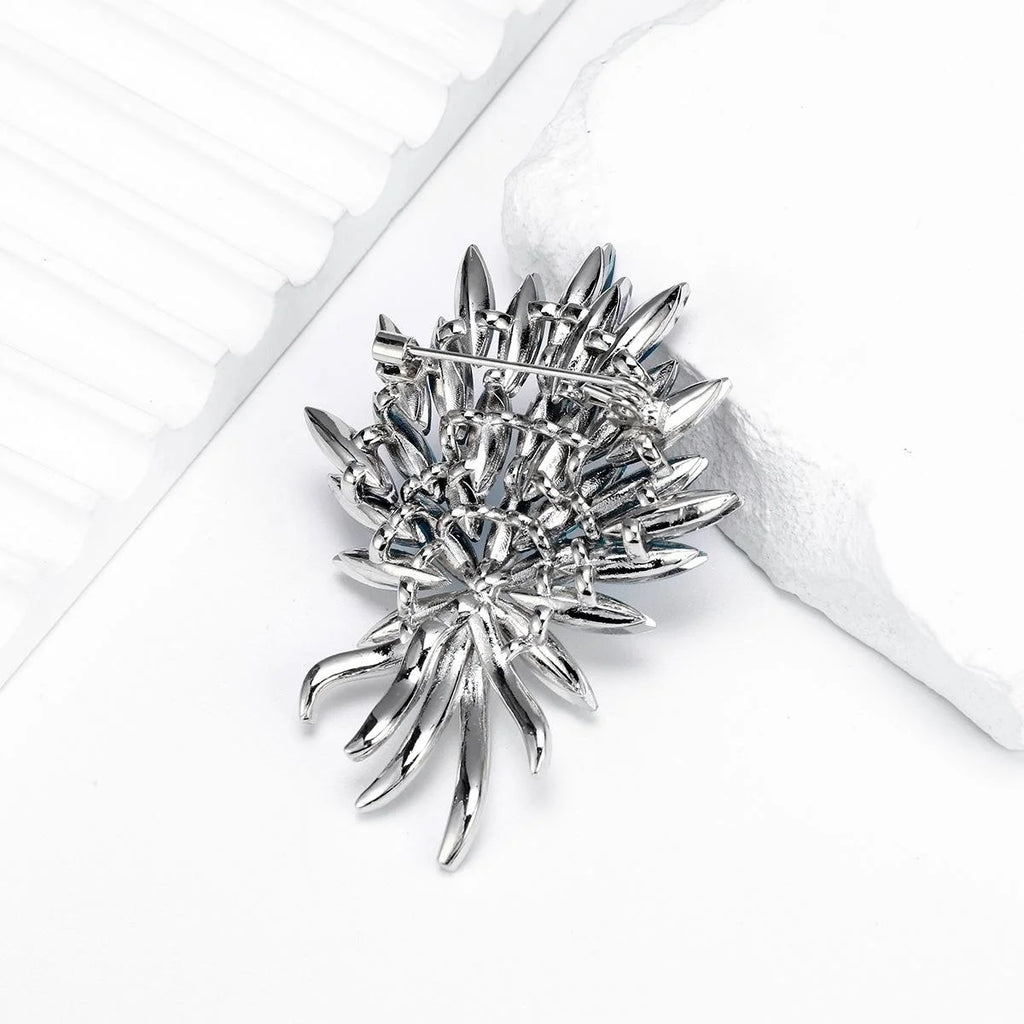 Luxury Blue Crystal Flower Bouquet Brooch With Rhinestone Stems, Elegant Corsage Lapel Pin Suit Accessory