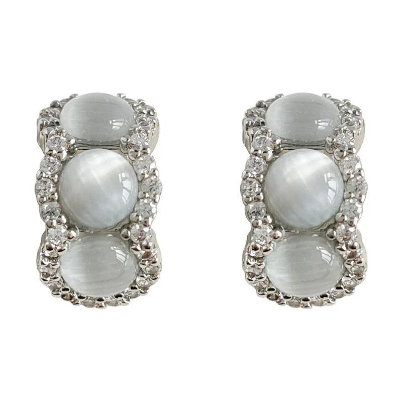 Elegant Glass Cat Eye Stone Half Hoop Zircon Drop Earrings For Commuter Jewelry