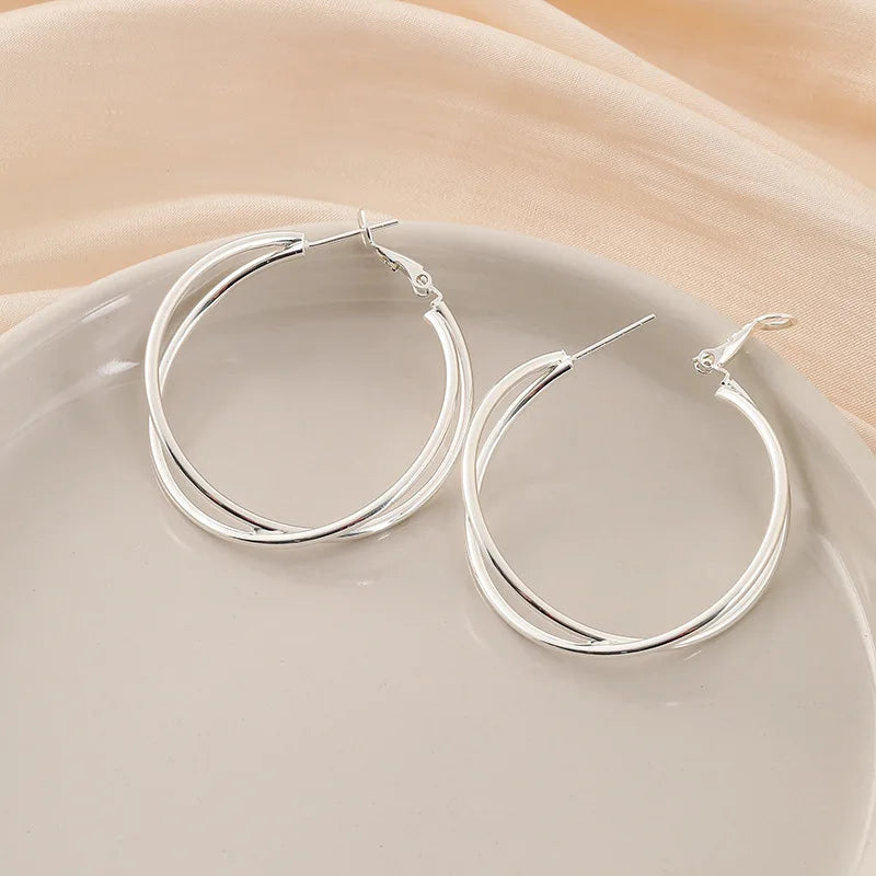 Elegant Silver Alloy Crossed Double Hoop Stud & Clip On No Piercing Spiral Circle Ear Cuff Earrings