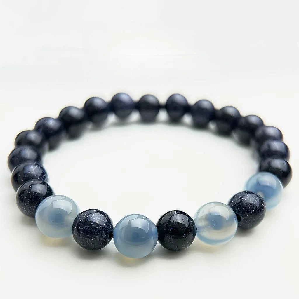 Blue Sandstone Agate Crystal Beaded Bracelet Retro New Chinese Geometric Womens Jewelry