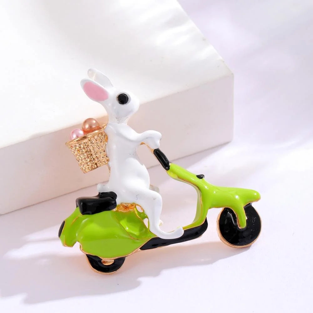 Cute Enamel Rabbit Riding Green Scooter Brooch With Rhinestone Basket, Animal Lapel Pin Gift