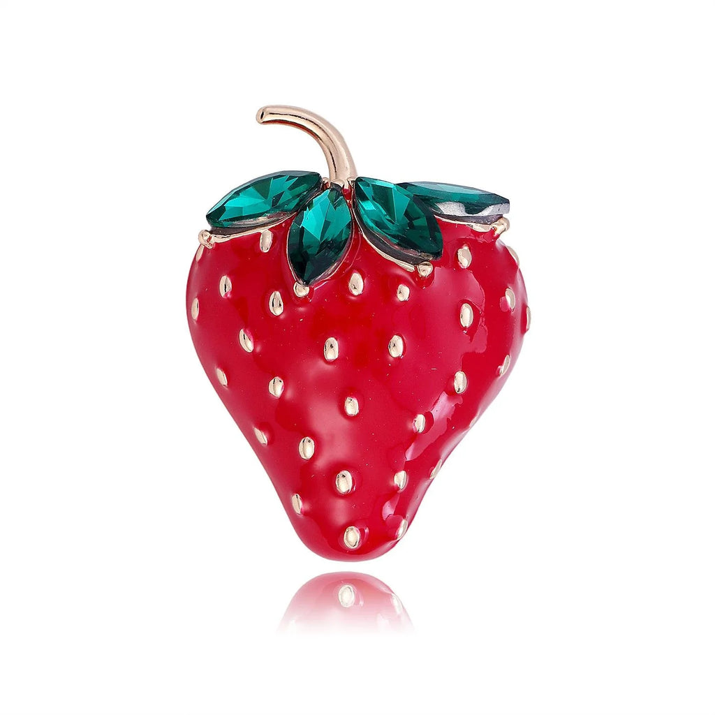Cute Red Enamel Strawberry Brooch With Green Rhinestone Leaves, Alloy Lapel Pin Suit Accessory Gift