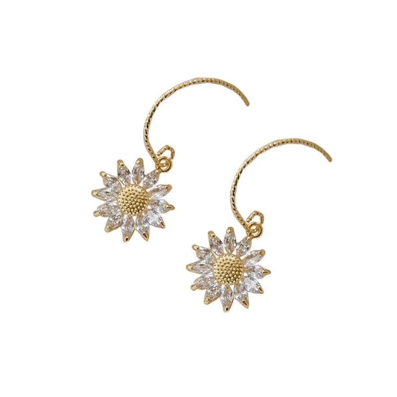 French Vintage 14K Plated Zircon Sunflower Flower Drop Earrings for Women