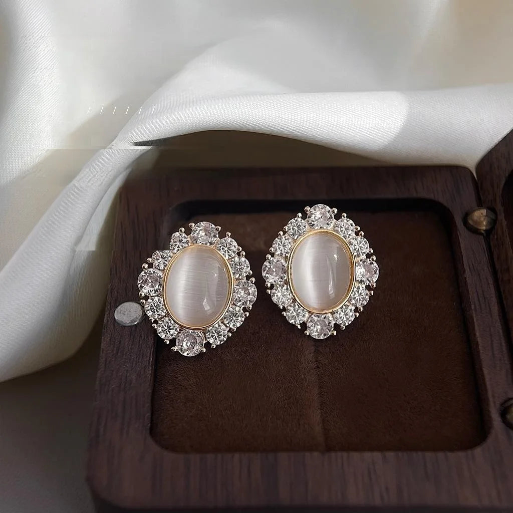 14K Gold Plated Copper Glass Cat Eye Stone Micro Pave Zircon Geometric Stud Earrings