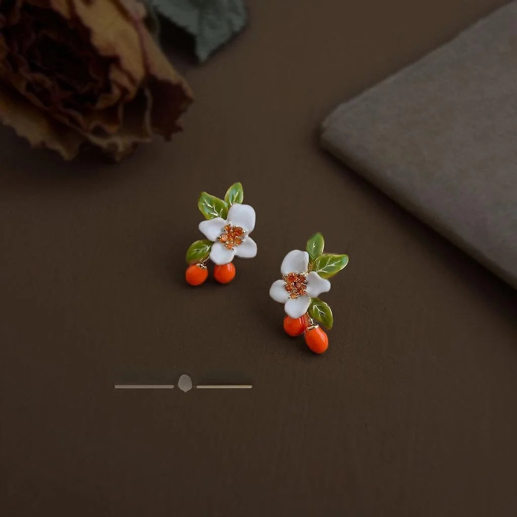 Pastoral Style Enamel Flower Stud Earrings Copper Zircon Silver Plated Designer Jewelry