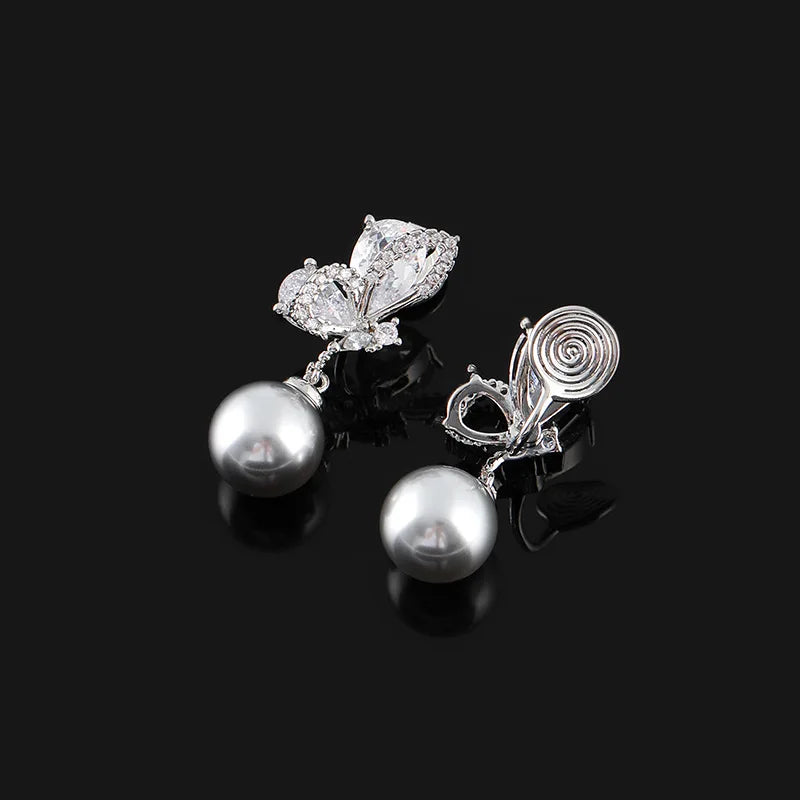 Luxury Zircon Butterfly Pearl Drop Stud & Clip On No Piercing Silver Gray Rhinestone Earrings