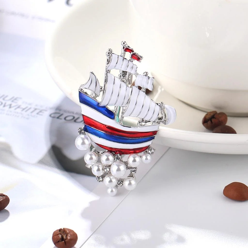 Vintage Alloy Enamel Sailing Ship Brooch With Faux Pearls And Rhinestones, Elegant Lapel Pin Suit Accessory