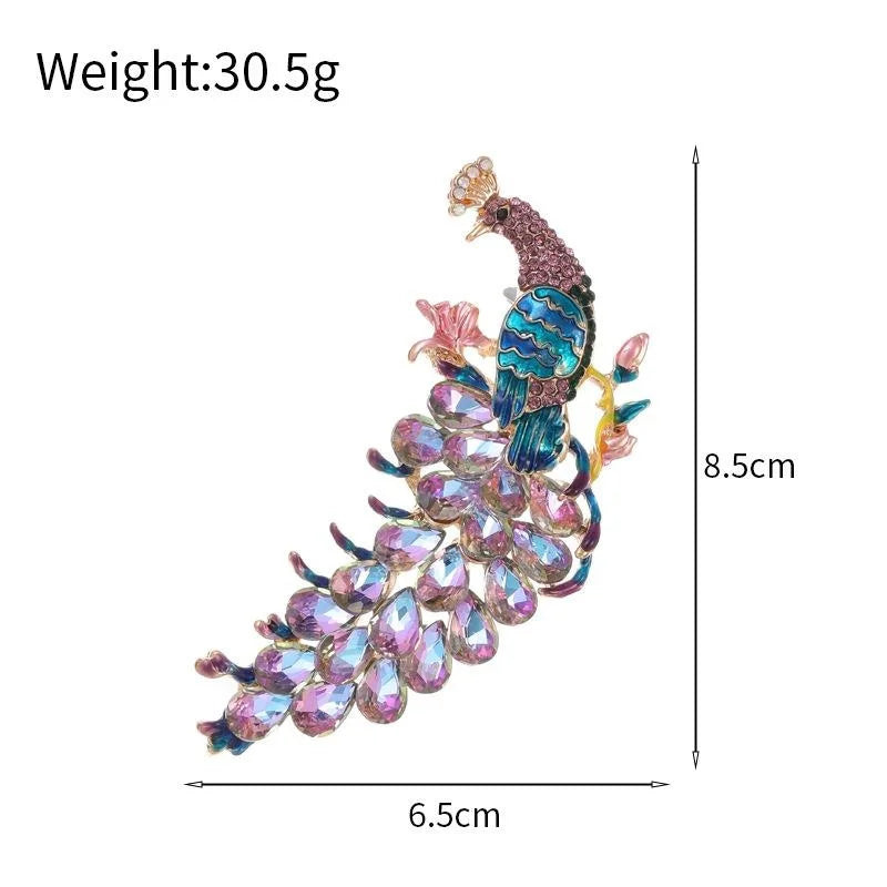Luxury Full Rhinestone Peacock Feather Brooch With Enamel Detail, Elegant Animal Lapel Pin Gift