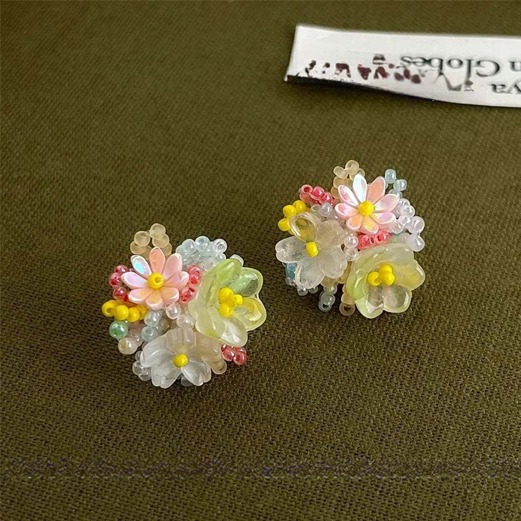 Romantic Colorful Resin Beaded Hydrangea Flower Stud Earrings Sweet Cute Dopamine Style