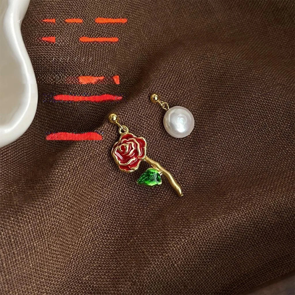 French Vintage Asymmetric Rose Geometric Baroque Freshwater Pearl Drop Earrings