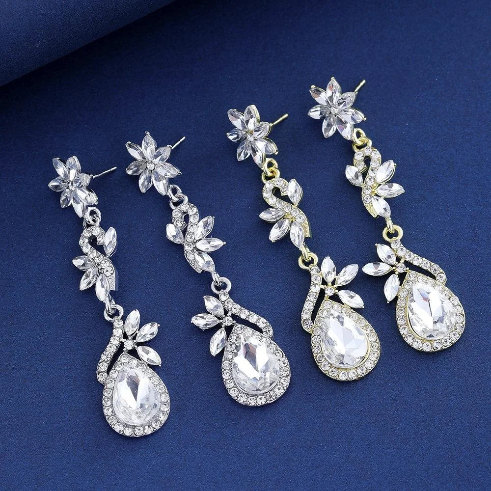 Elegant Rhinestone Crystal Flower Long Tassel Earrings, Silver Alloy Bridal Dangle Jewelry For Wedding Party