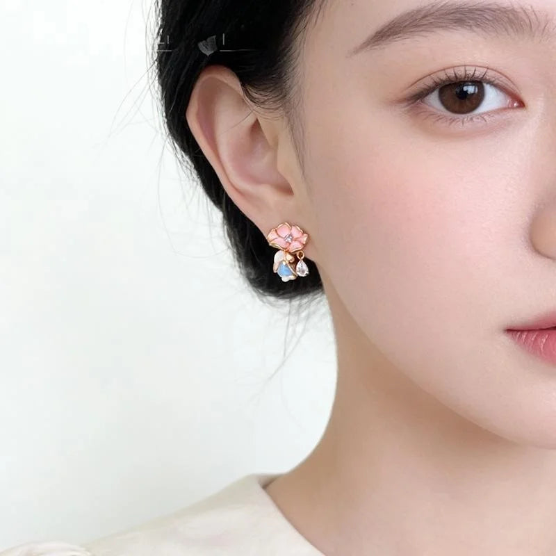 Cute Forest Rabbit Flower Drop Zircon Copper Stud Earrings, Niche Designer Animal Jewelry