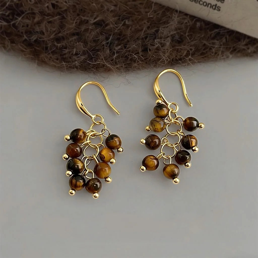 Handmade Vintage Maillard Copper Tiger Eye Stone Grape Cluster Tassel Drop Earrings