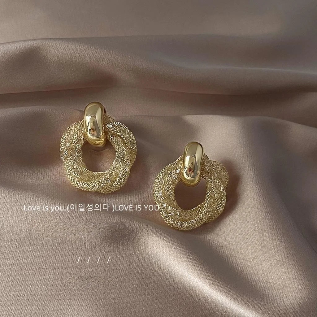 French Luxury Geometric Twist Zircon 14K Plated Copper Stud Earrings For Women