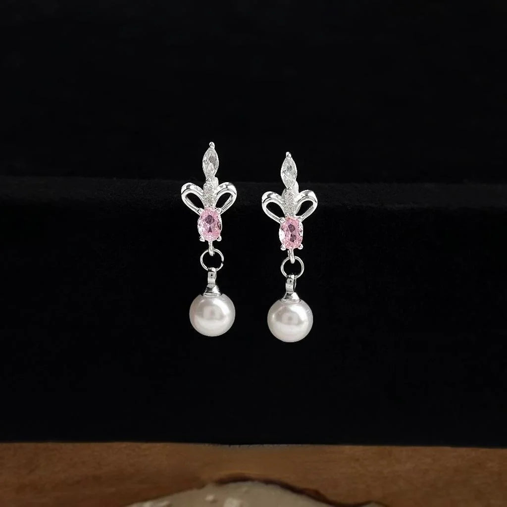 Iris Flower Zircon Pave Copper Teardrop Pearl Drop Earrings Silver Plated Vacation Style