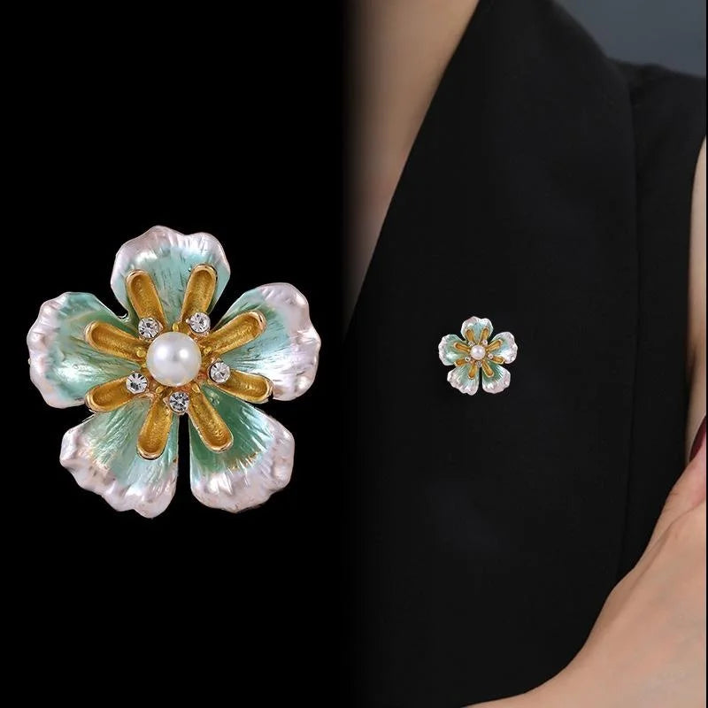 Elegant Enamel Rich Flower Brooch With Pearl Rhinestones, Luxury Women's Lapel Pin Corsage Suit Accessory Gift