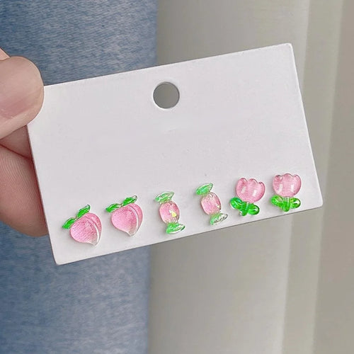 Sweet Peach Resin Mini Stud Earrings 3 Piece Silver Plated Pin Cute Fruit Petal Jewelry