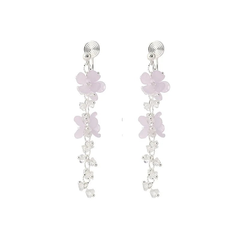 Elegant Light Purple Flower Crystal Long Tassel Stud & Clip On No Piercing Silver Alloy Earrings