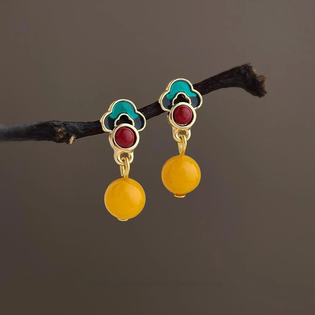 Vintage Palace Style Hand Painted Enamel Synthetic Amber Resin Cloud Drop Earrings