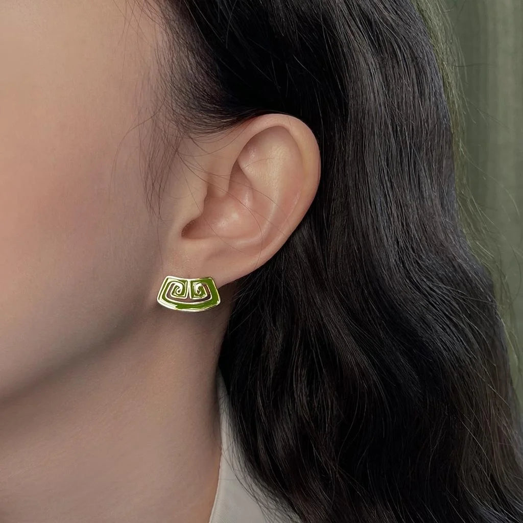 New Chinese Guochao Vintage Copper Great Wall Enamel Geometric Stud Earrings