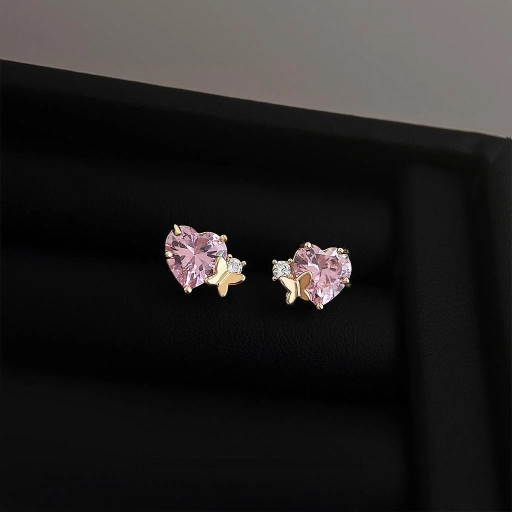 Micro Pave Zircon Heart Stud Earrings With Pink Butterfly Sweet Cute Spring Summer Jewelry