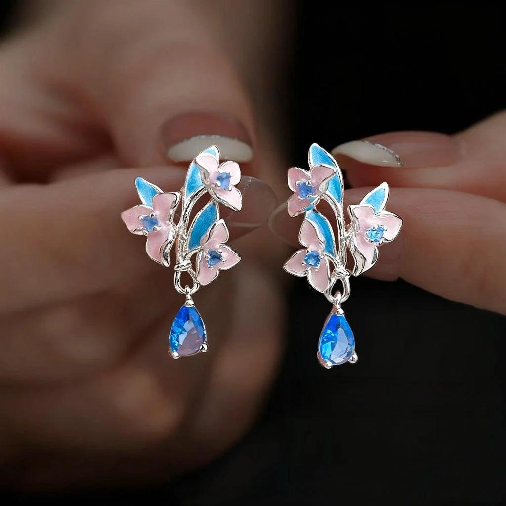 Hand Painted Enamel Orchid Drop Earrings Eco Copper Aquamarine Zircon Floral Sweet Jewelry